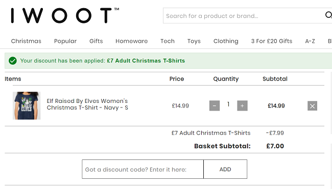 Screenshot showing Adult Christmas T-Shirt for £7 at IWOOT