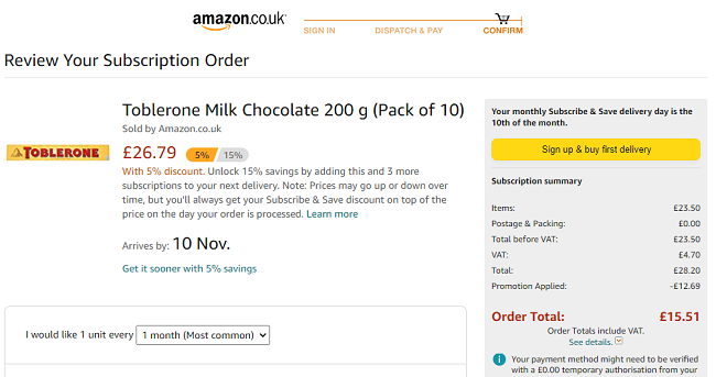 Toblerone Milk Chocolate 200g (Pack of 10) £15.51 @ Amazon 
