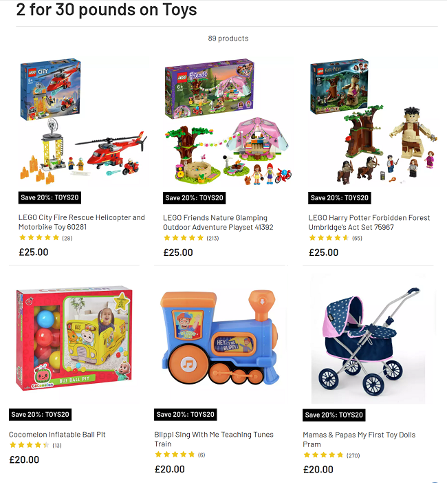 Screenshot of 2 for £30 toys at Argos