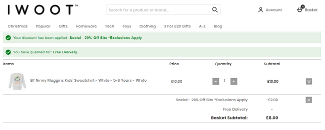 Screenshot showing Elf Christmas Jumper £8 at IWOOT