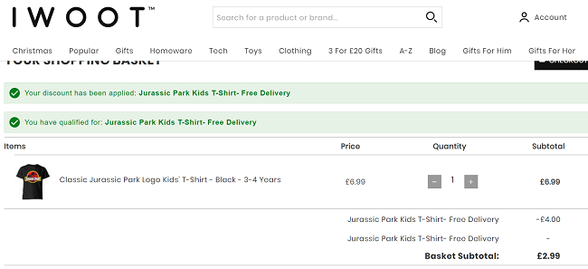 Screenshot showing Kids' Jurassic Park T-shirt for £2.99