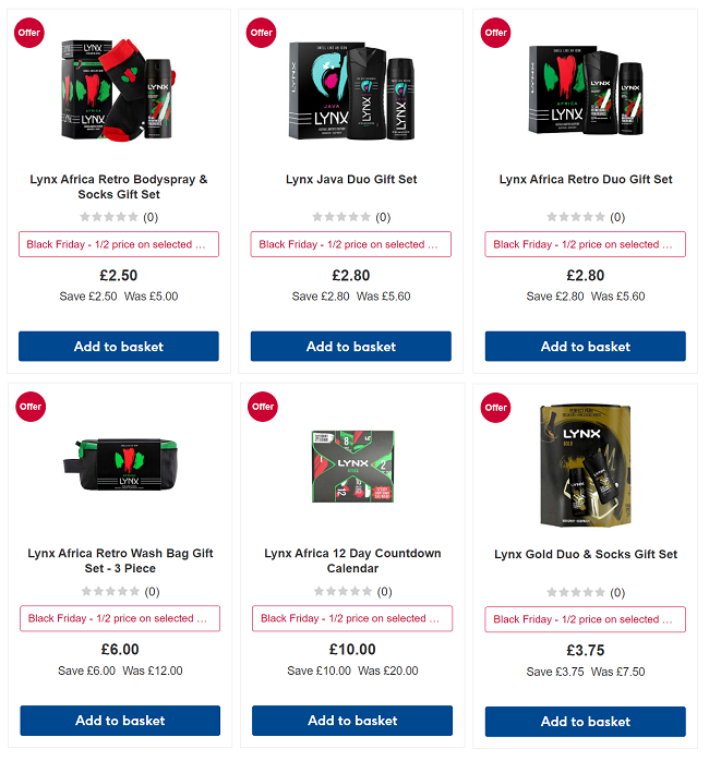 Screenshot of half price Lynx Gift Sets at Boots