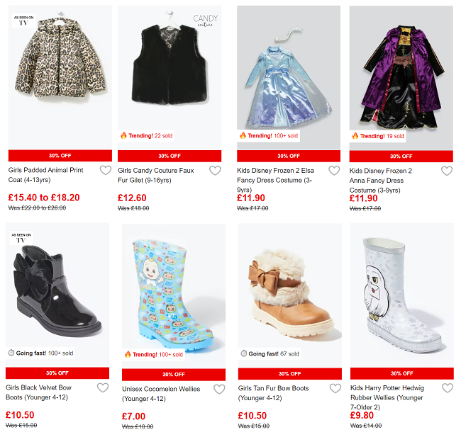 Screenshot of reduced kidswear at Matalan