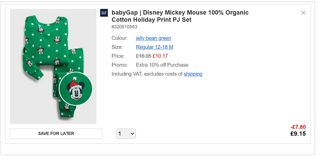 Screenshot showing Disney Christmas Pyjamas for £9.15 at GAP