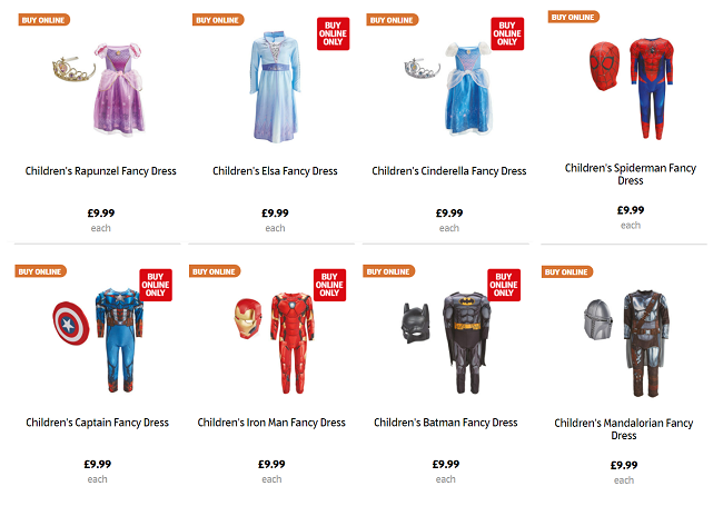 Screenshot of children's fancy dress costumes at Aldi