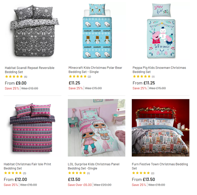 Screenshot of reduced Christmas bedding at Argos