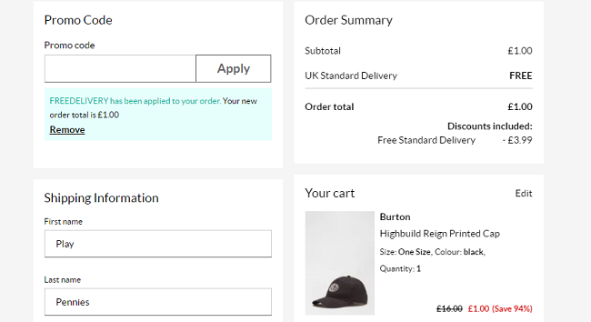 Burton Highbuild Reign Printed Cap £1 Delivered (With Code) @ Debenhams