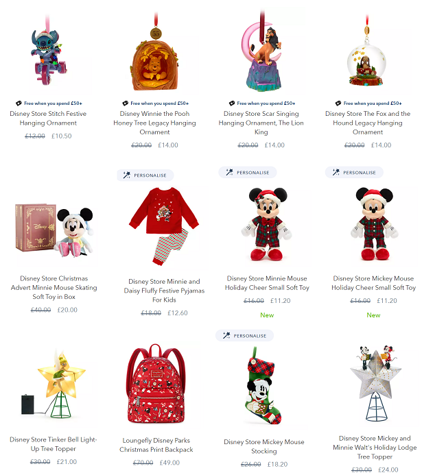 Screenshot of reduced Christmas items at shopDisney