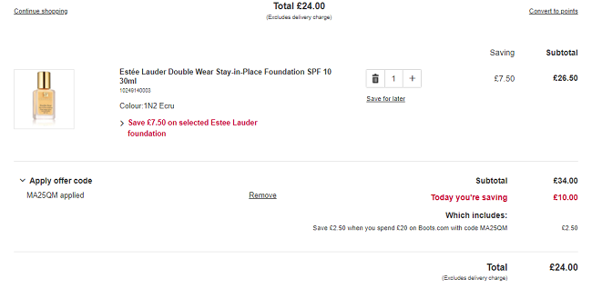 Estée Lauder Double Wear Stay-in-Place Foundation £24 (With Code) @ Boots