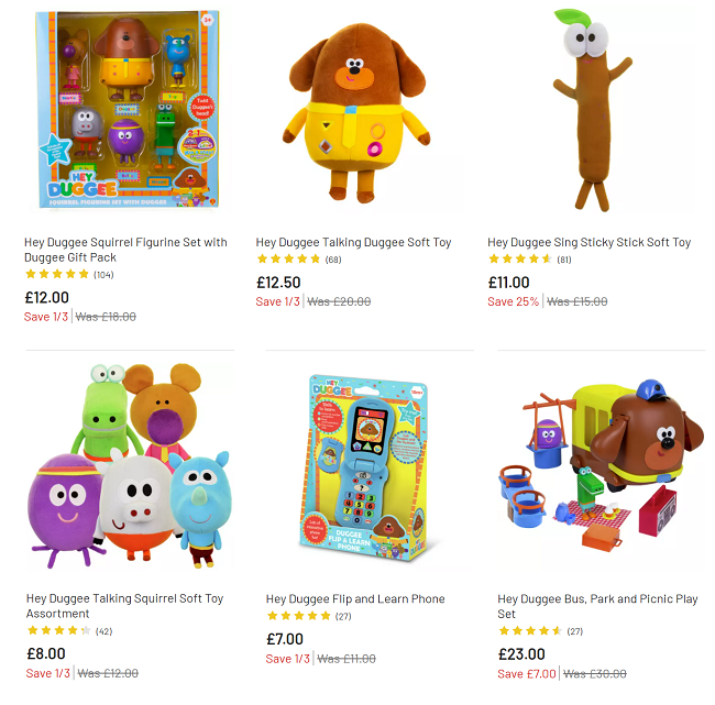 Screenshot of reduced Hey Duggee toys at Argos