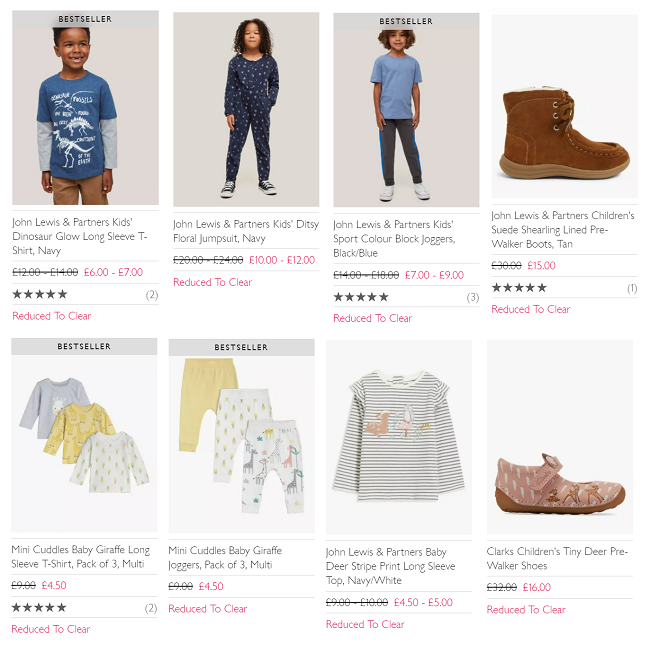 Screenshot of John Lewis & Partners Winter Sale kids items