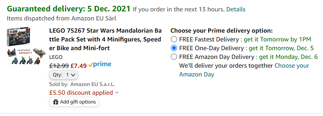Screenshot showing LEGO Star Wars Mandalorian Battle Pack Set £7.49 at Amazon