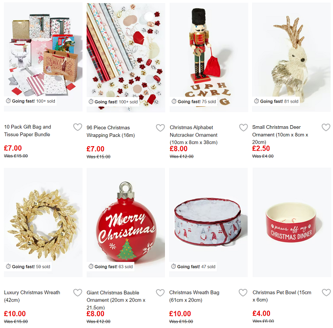 Screenshot of reduced Christmas items at Matalan