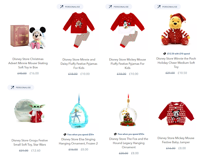 Screenshot of reduced Christmas items at shopDisney