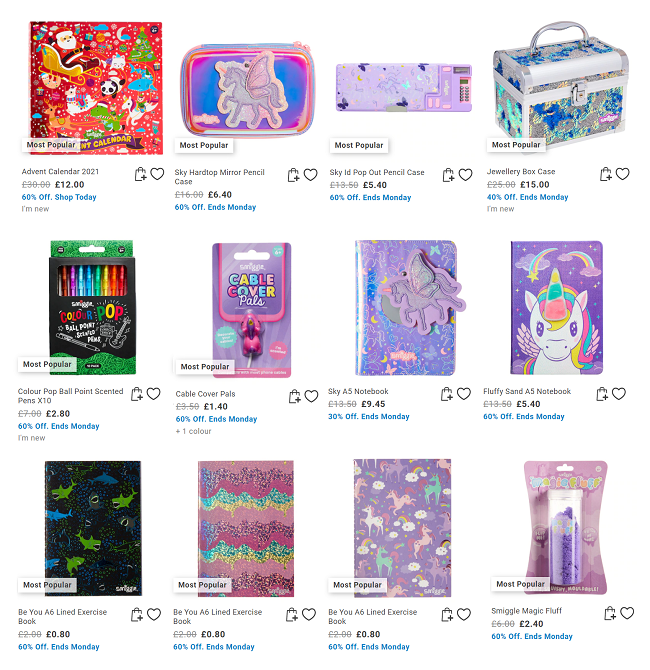 Screenshot showing up to 60% off gifts at Smiggle
