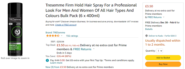 Tresemme Firm Hold Hair Spray Bulk Pack (6 x 400ml) £3.50 @ Amazon