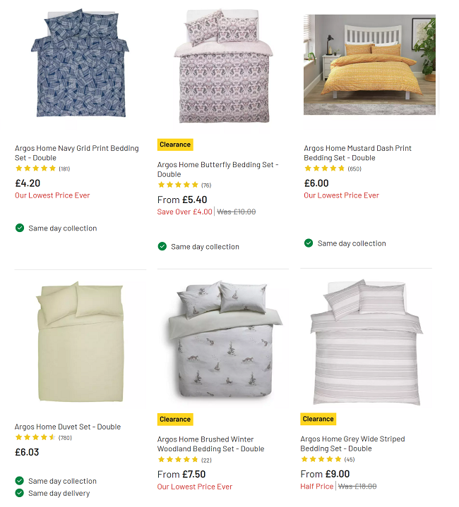 Screenshot of clearance bedding at Argos