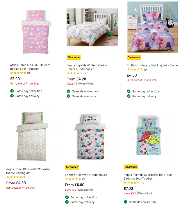 Screenshot of Argos Kids' Bedding Clearance items