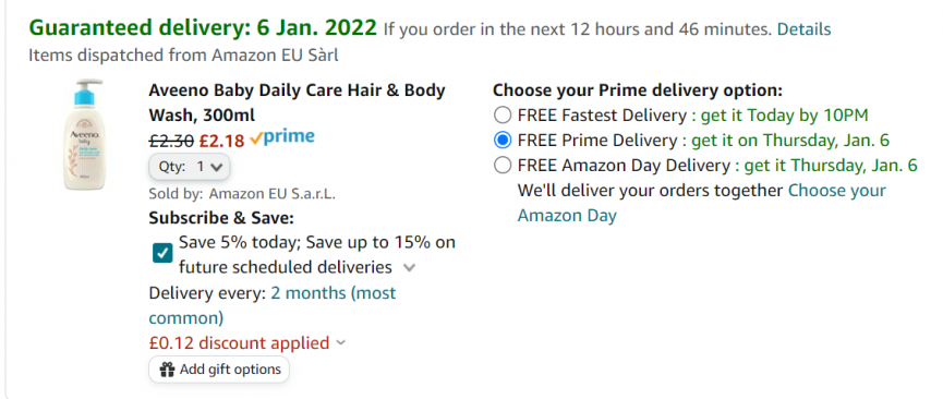 Screenshot of Aveeno Baby Daily Care Hair & Body Wash 300ml £2.18