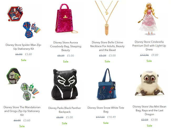 Screenshot of sale items at shopDisney
