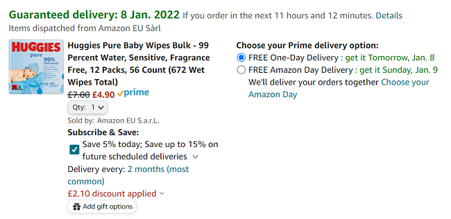Screenshot showing Huggies Pure Baby Wipes (12 Packs) for £4.90 at Amazon