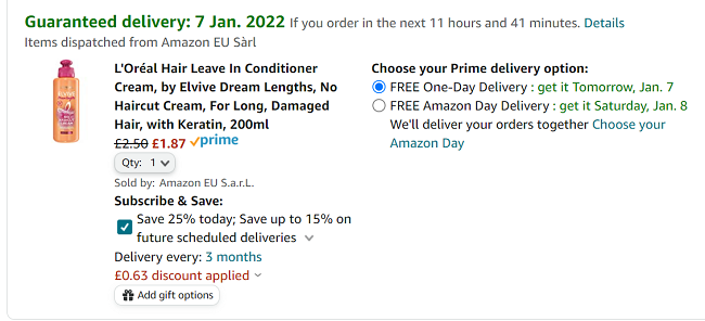Screenshot of L'Oreal Elvive No Haircut Cream for £1.87 at Amazon