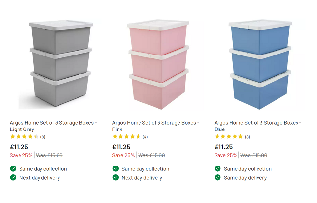 Screenshot showing Argos Home Set of 3 Storage Boxes