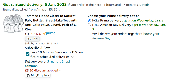 Screenshot of Tommee Tippee Closer to Nature Baby Bottles 260ml Pack Of 6 for £6.49 at Amazon