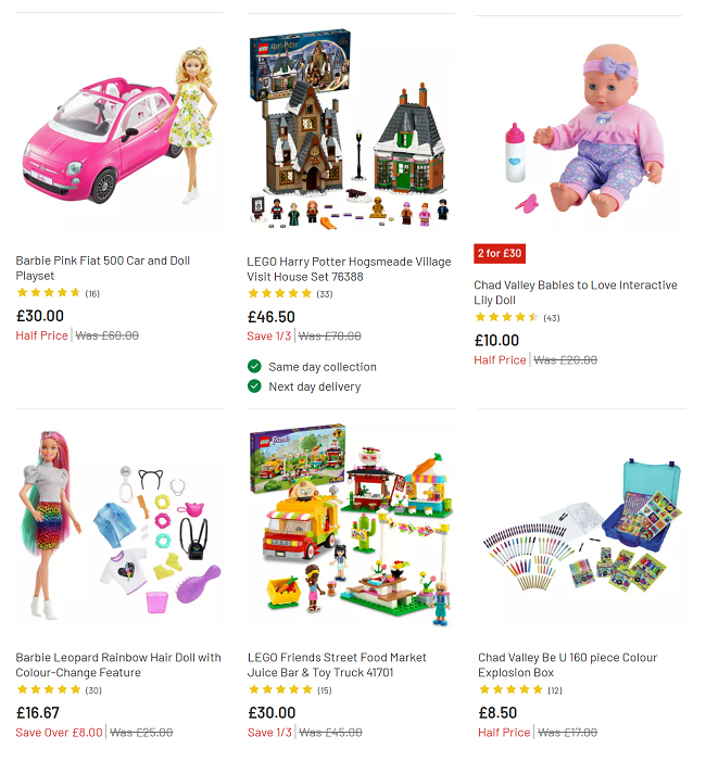 Screenshot of Up To Half Price Toy Sale at Argos