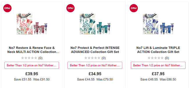 Screenshot showing Better Than 1/2 Price No7 Mother's Day Skincare Gifts at Boots