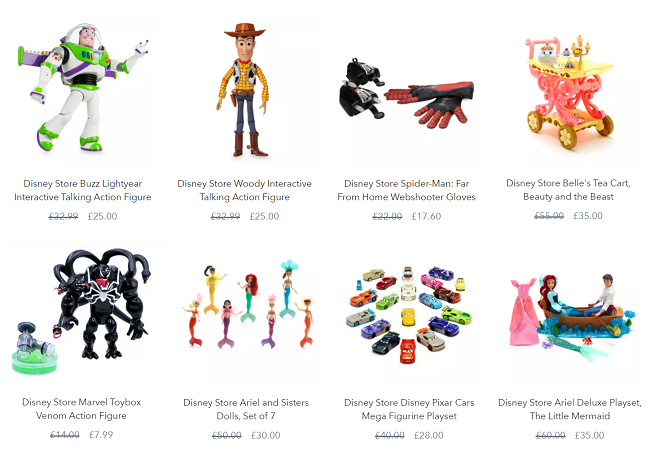 Screenshot of reduced toys at shopDisney