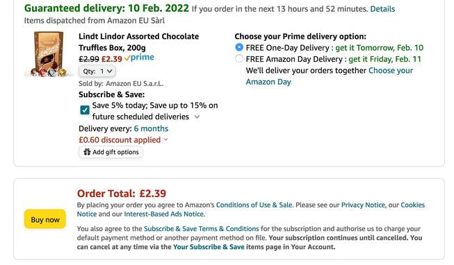 Screenshot of Lindt Lindor Assorted Truffles 200g at Amazon