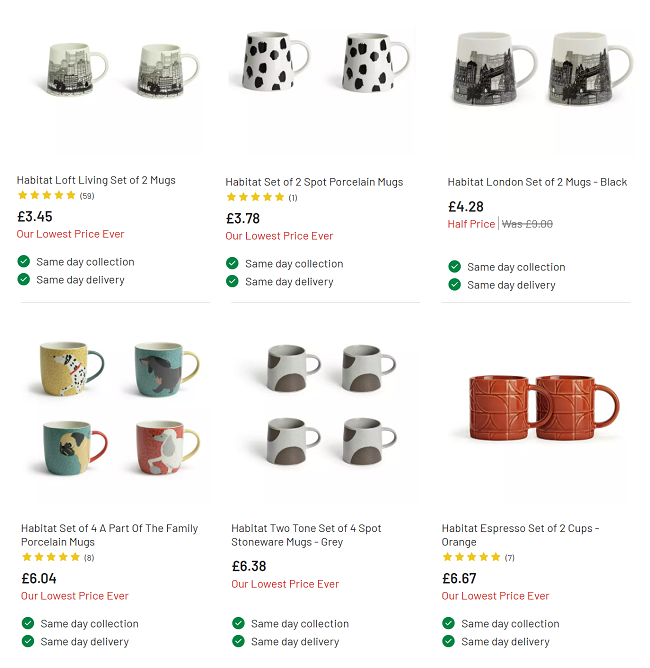 Screenshot of reduced mugs at Argos