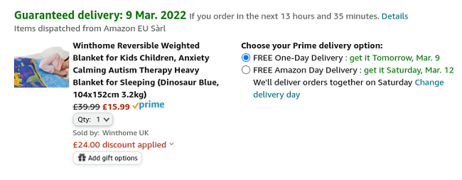 Screenshot of Blue Dinosaur Reversible Weighted Blanket for Kids £15.99 With Voucher & Code at Amazon