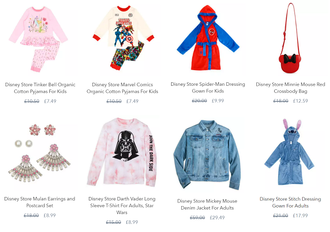 Screenshot of shopDisney sale items