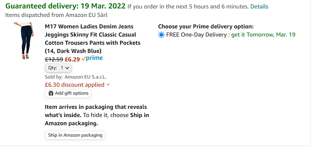 Screenshot showing M17 Women Denim Jeggings for £6.29 at Amazon