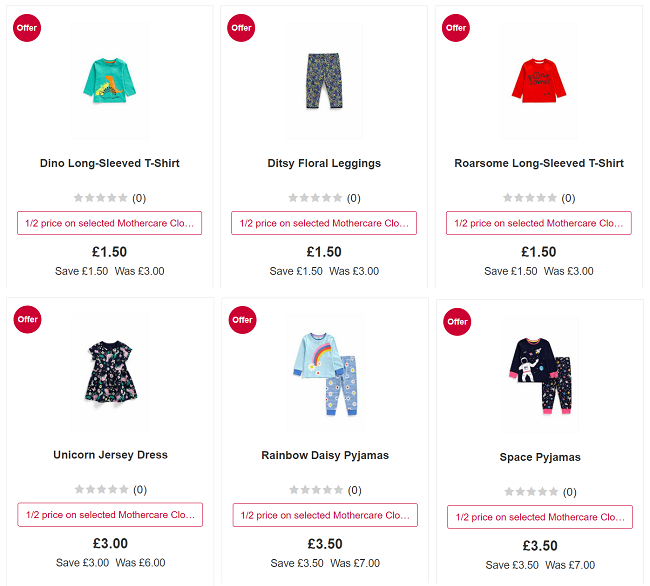 Screenshot of half price Mothercare clothing at Boots