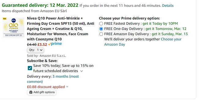 Screenshot showing NIVEA Q10 Power Day Anti-Wrinkle and Firming Cream 50ml £3.52 at Amazon