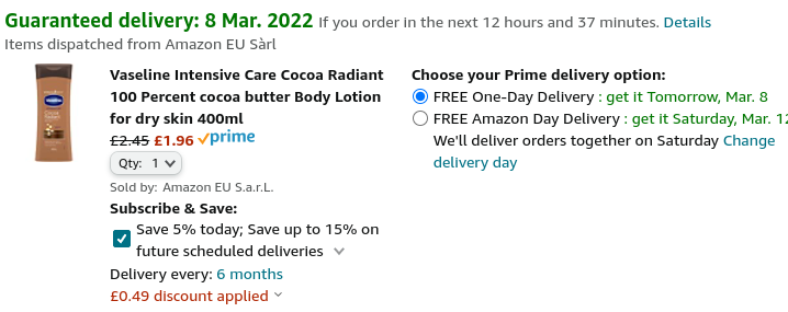 Vaseline Essential Moisture Lotion Cocoa Radiant 400ml £1.96 @ Amazon