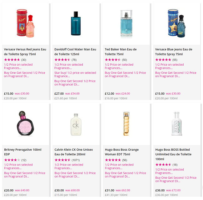 Screenshot showing Half Price and Buy One Get 2nd Half Price Fragrance at Superdrug