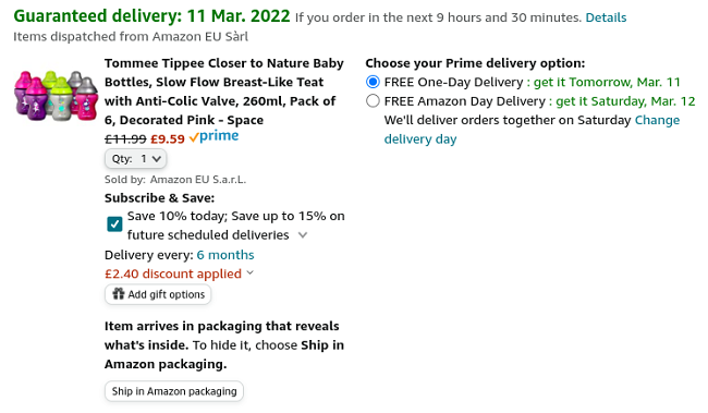 Screenshot showing Tommee Tippee Closer to Nature Baby Bottles 260ml Pack of 6 Decorated Pink Space £9.59 at Amazon
