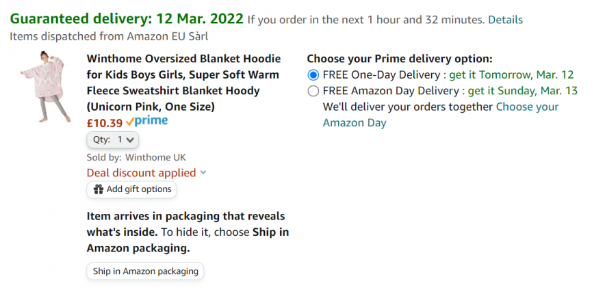 Screenshot showing Oversized Unicorn Blanket Hoodie for Kids for £10.39 at Amazon