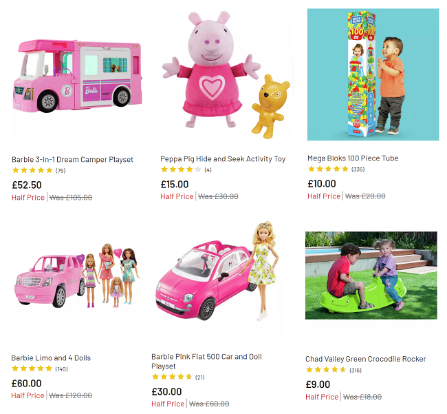 Screenshot showing half price toy sale at Argos