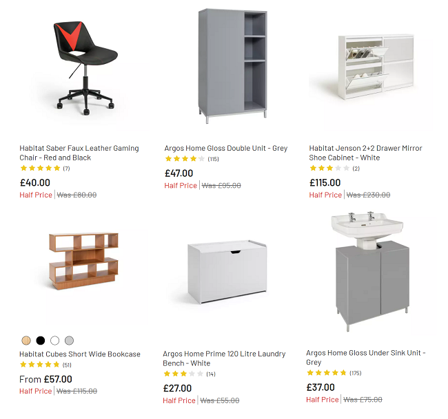 Screenshot of half price furniture at Argos