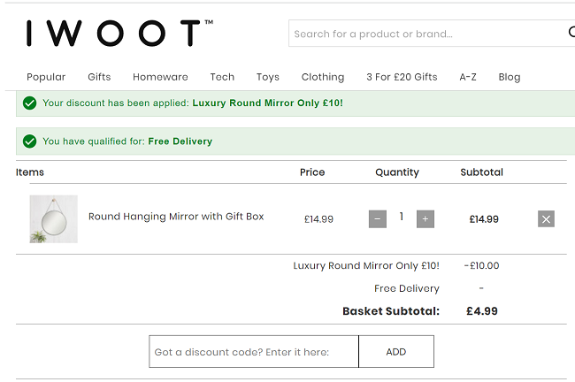 Screenshot showing Round Hanging Mirror With Gift Box £4.99 delivered at IWOOT