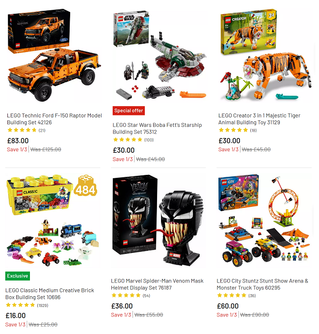 Screenshot of LEGO sets with 1/3 off at Argos