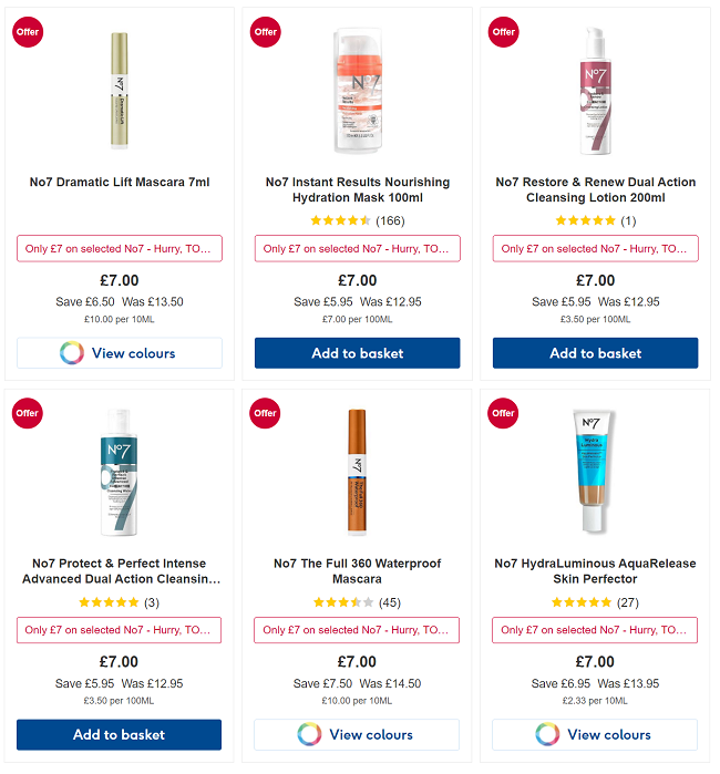 Screenshot of £7 No7 items at Boots