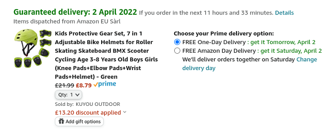 Screenshot showing Kids 7-in-1 Protective Gear Set £8.79 at Amazon