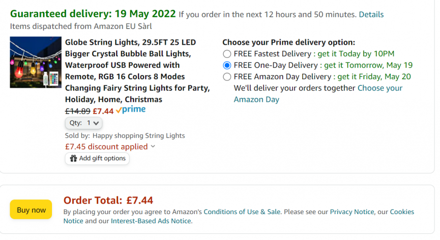 Screenshot showing Crystal Bubble Ball Globe Multicoloured String Lights for £7.44 With Voucher at Amazon