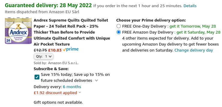 Andrex Supreme Quilts Quilted Toilet Paper 24 Pack £10.83 @ Amazon